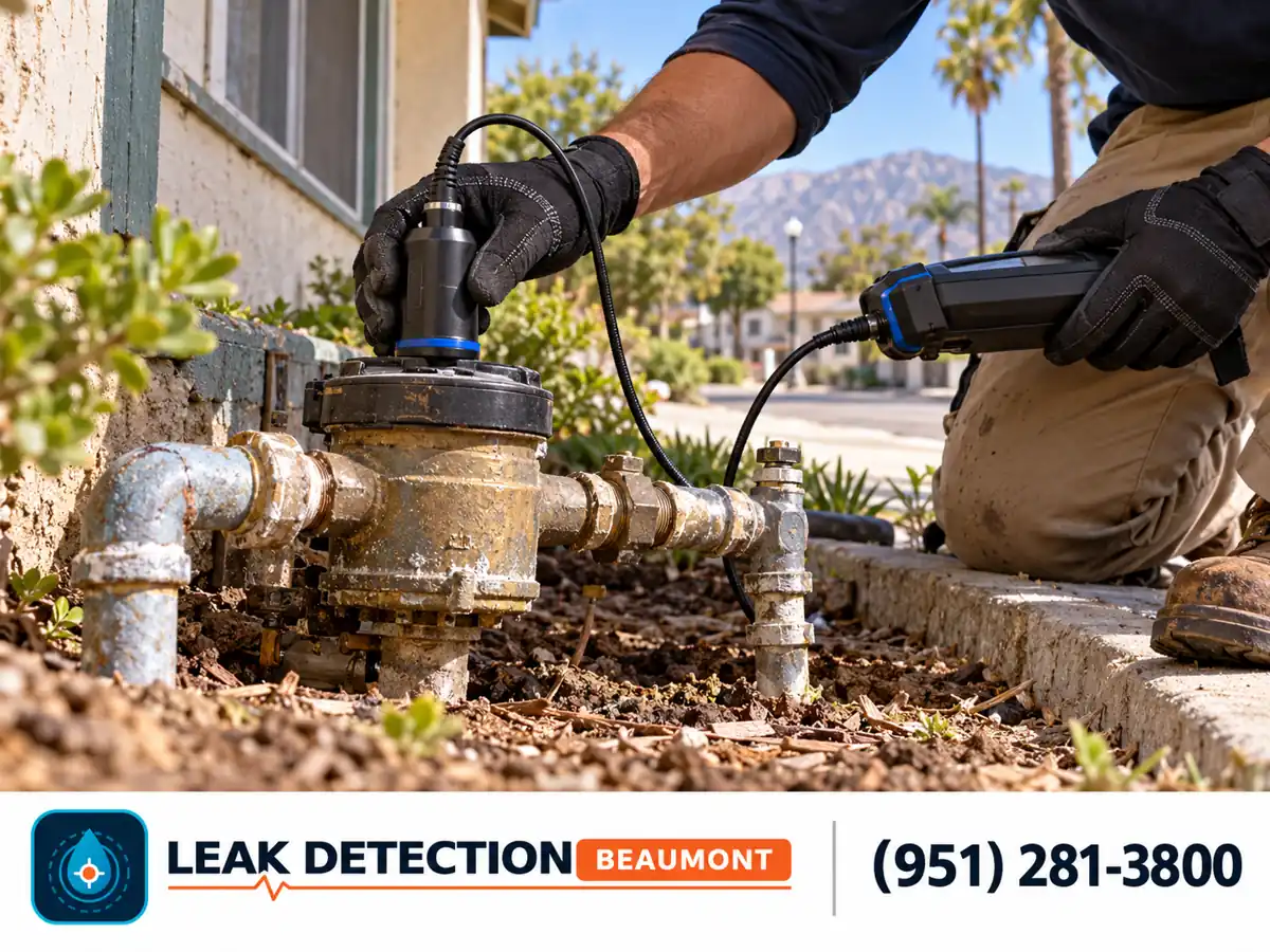 Side view: acoustic leak testing at a residential water meter box.