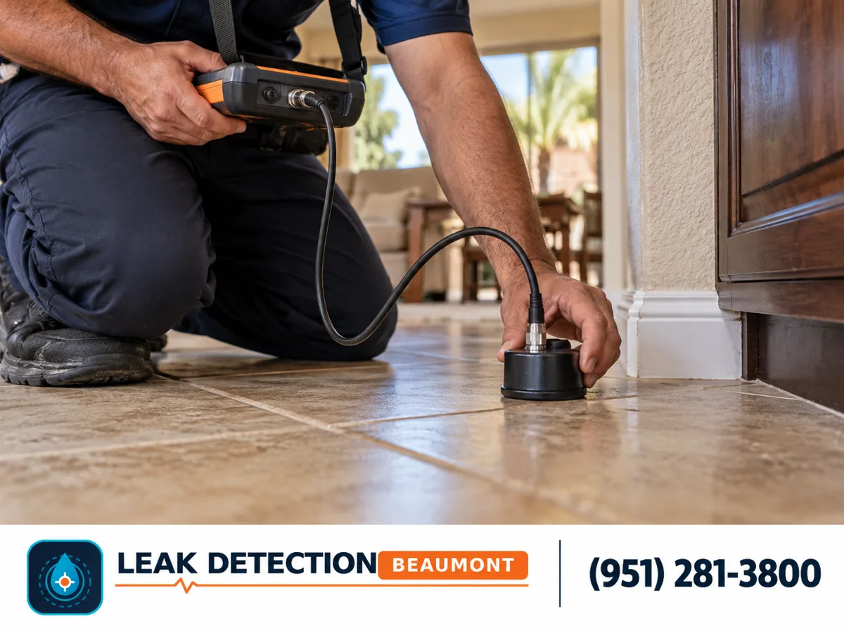Side view: acoustic ground microphone testing on a single-story home's tile floor.