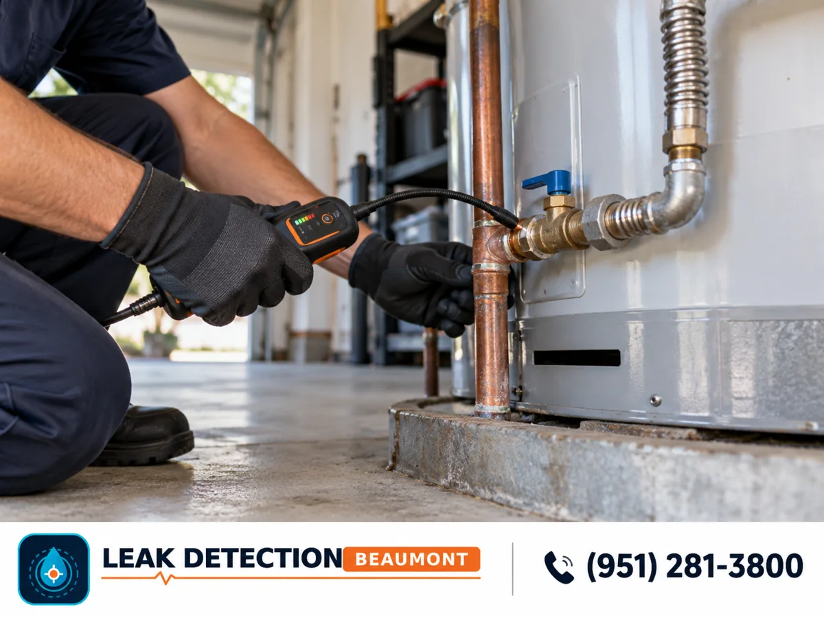 Side view: technician checking a water heater pipe connection in a garage.