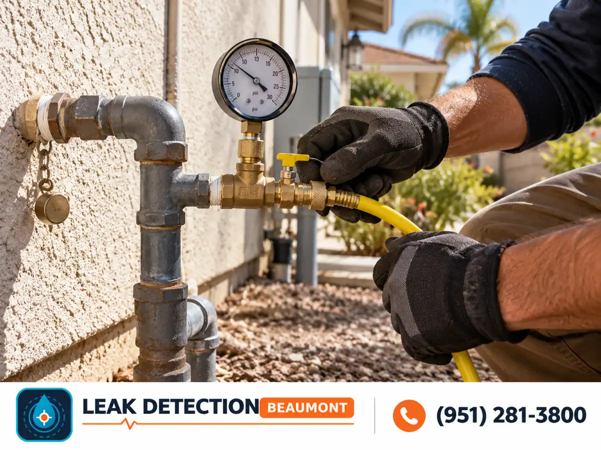 Pressure gauge connected to a capped gas line for testing.