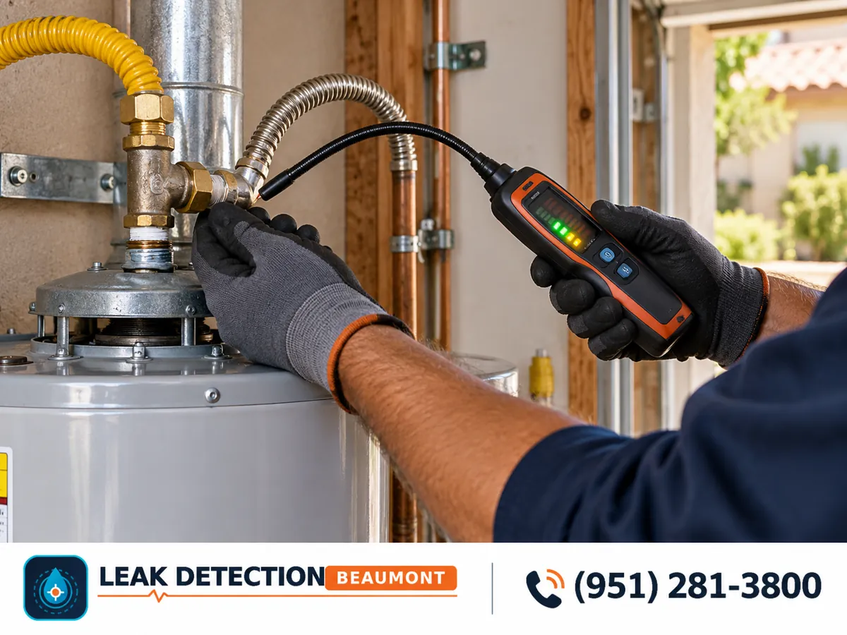 Technician checking a water heater connection with an electronic gas detector.