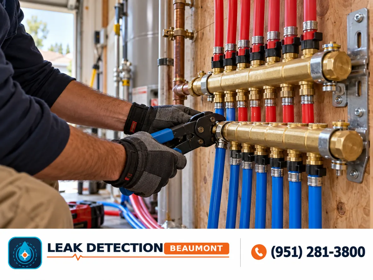 Gloved hands connecting new water lines to a PEX manifold.