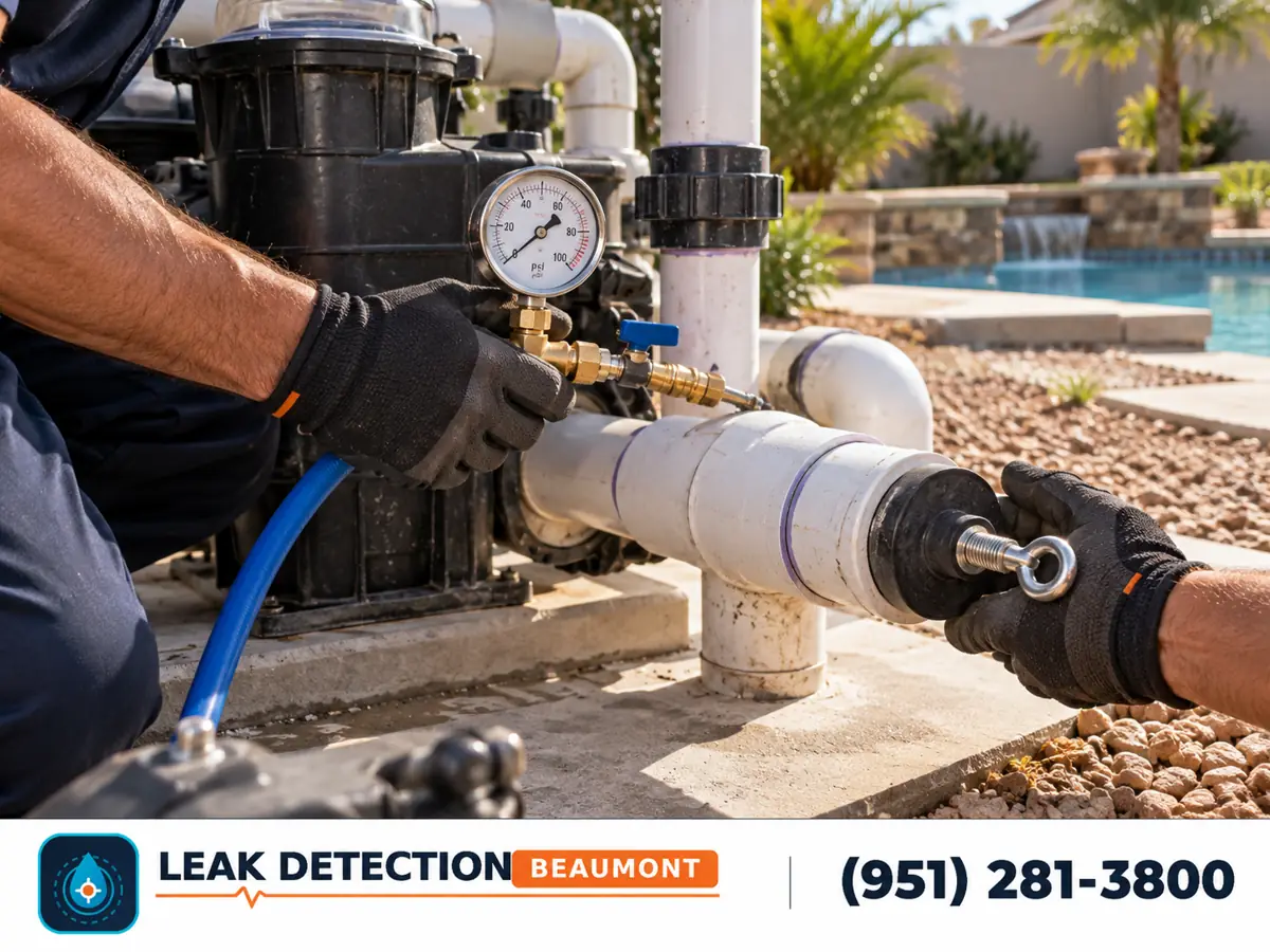 Technician checking pool plumbing with a pressure test setup.