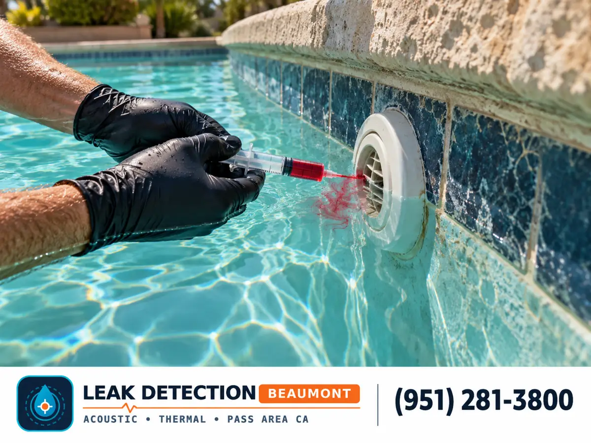 Gloved hands applying leak detection dye beside a swimming pool return fitting.