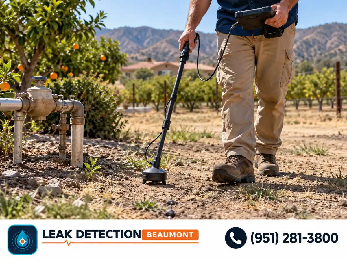 Technician tracing a buried water line across an orchard property.