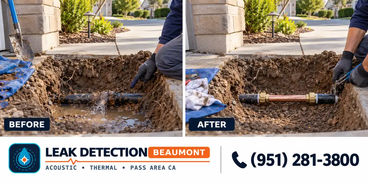 Fairway Canyon, Beaumont: same scene before detection and after targeted repair.