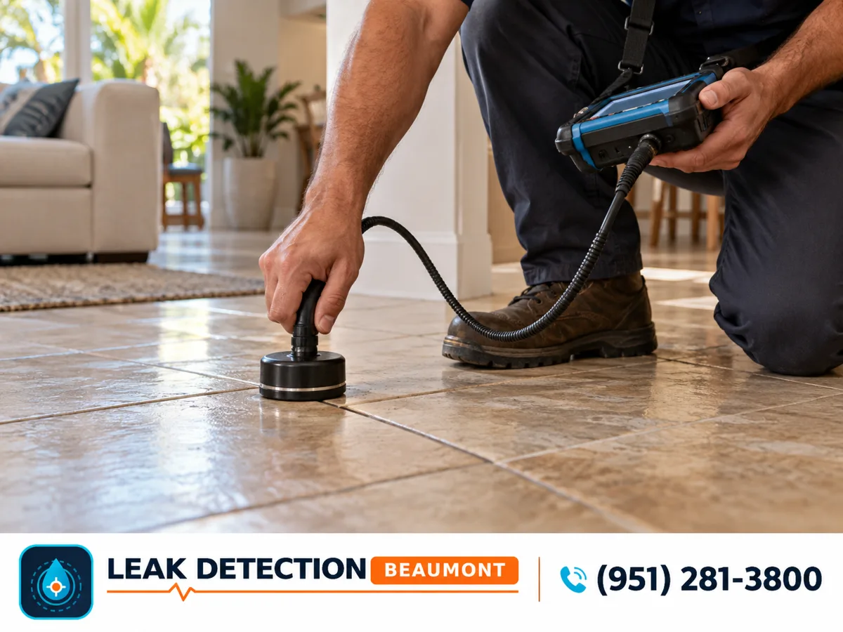 Acoustic ground microphone testing on a single-story home's tile floor.