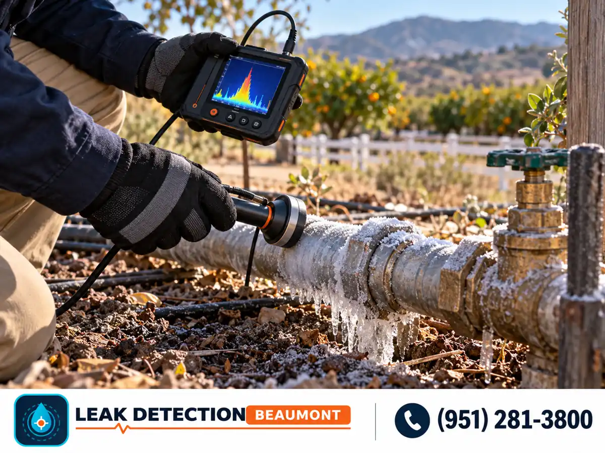 Technician checking a frost-covered outdoor pipe beside a rural home.