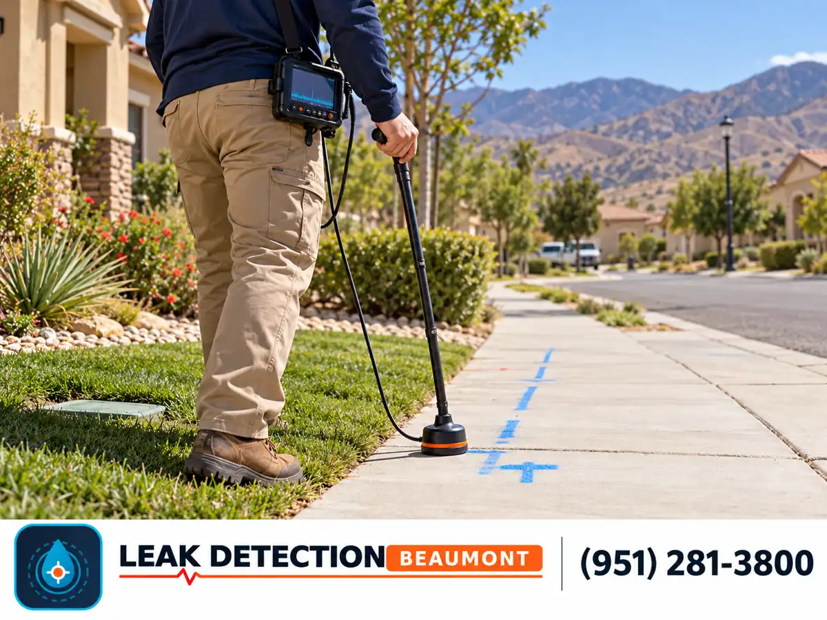 Technician tracing a water service line beside a residential sidewalk.