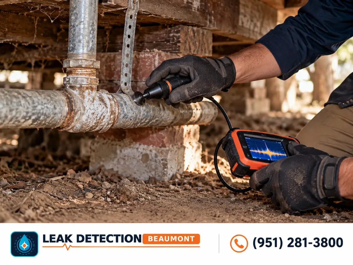 Acoustic probe checking galvanized pipe beneath a raised wood floor.