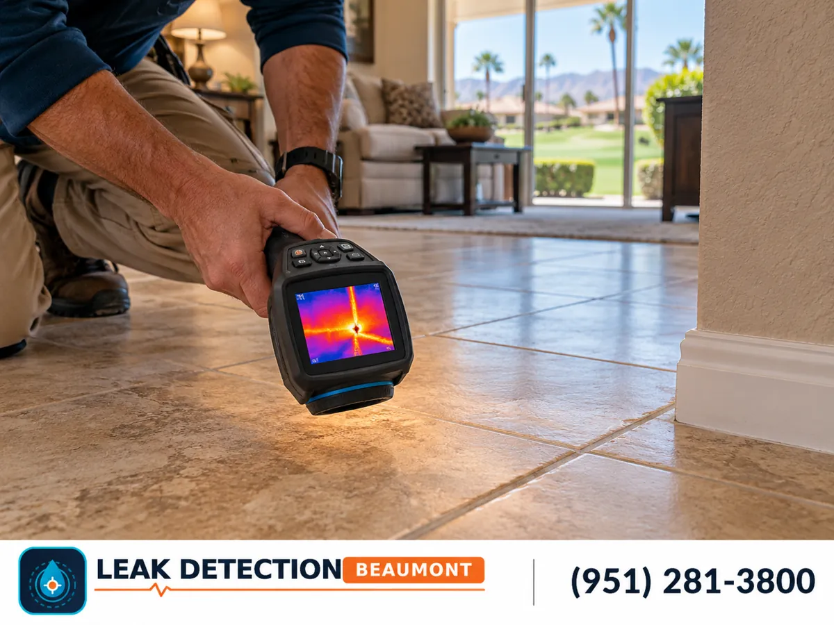 Thermal camera checking temperature differences across a home's floor.