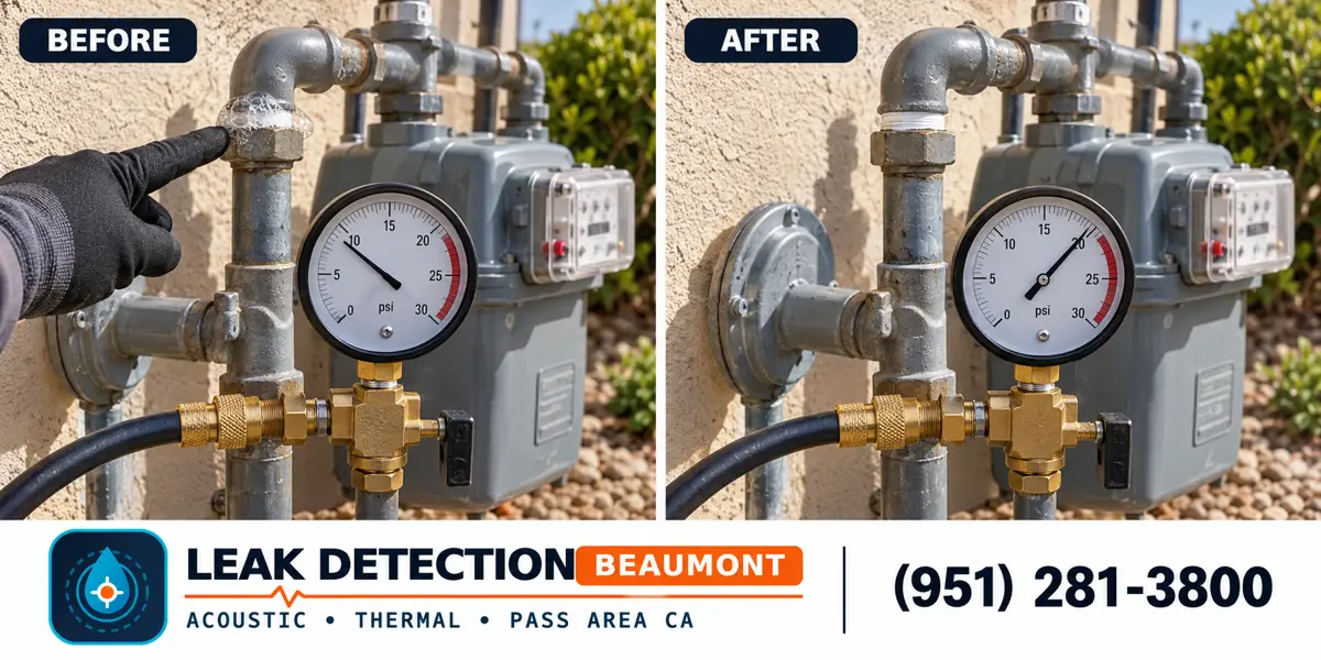 Gas Line Pressure Testing: same scene before detection and after targeted repair.