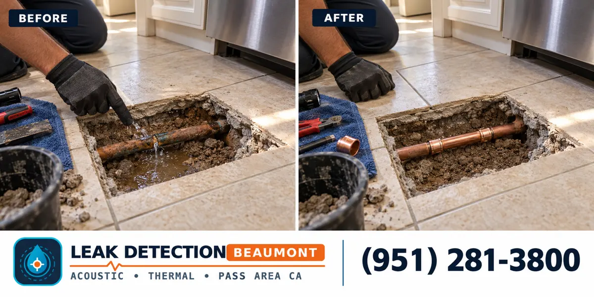Slab Leak Repair: same scene before detection and after targeted repair.