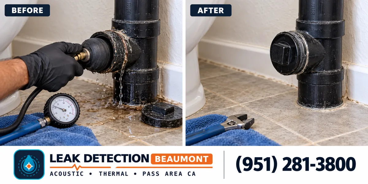 Drain Line Leak Detection: same scene before detection and after targeted repair.