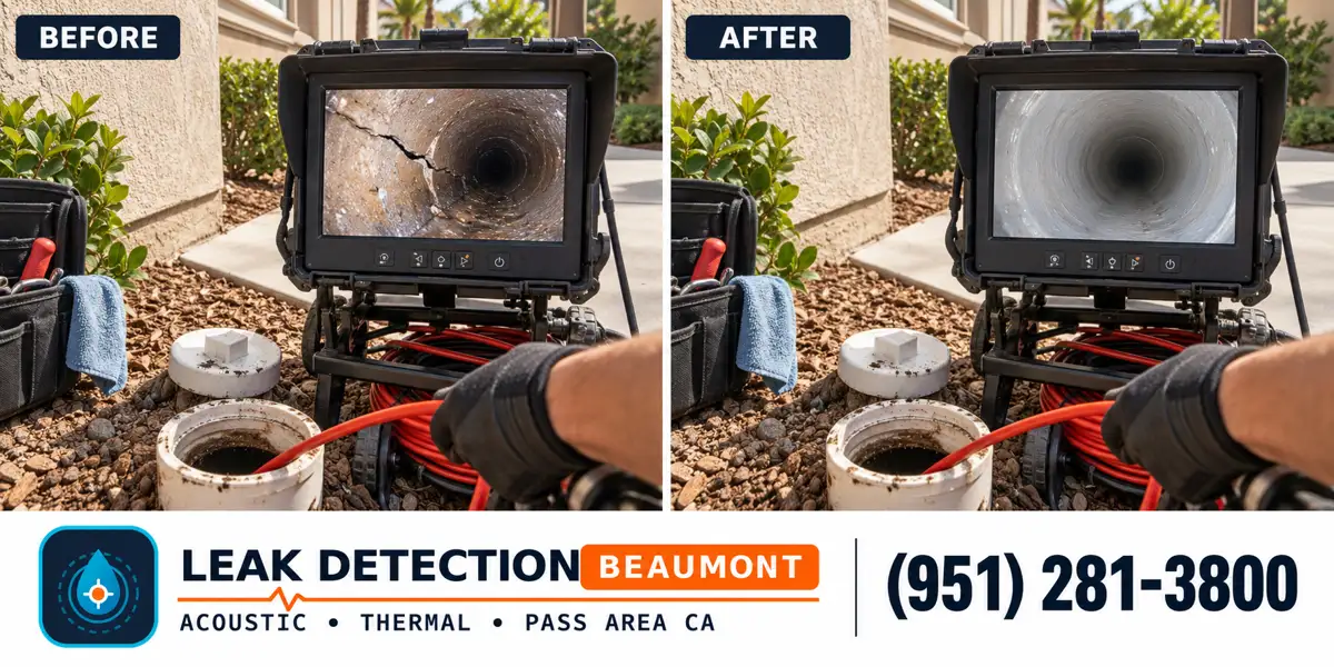 Sewer Camera Inspection: same scene before detection and after targeted repair.