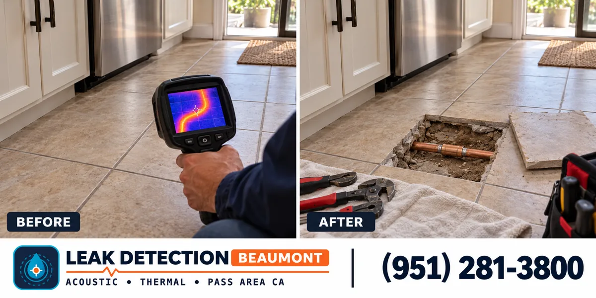 Hot Water Slab Leak Detection: same scene before detection and after targeted repair.