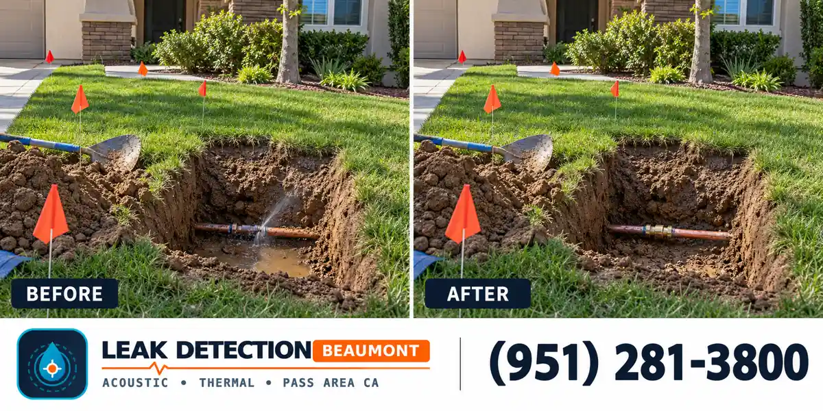 Main Water Line Leak Detection: same scene before detection and after targeted repair.