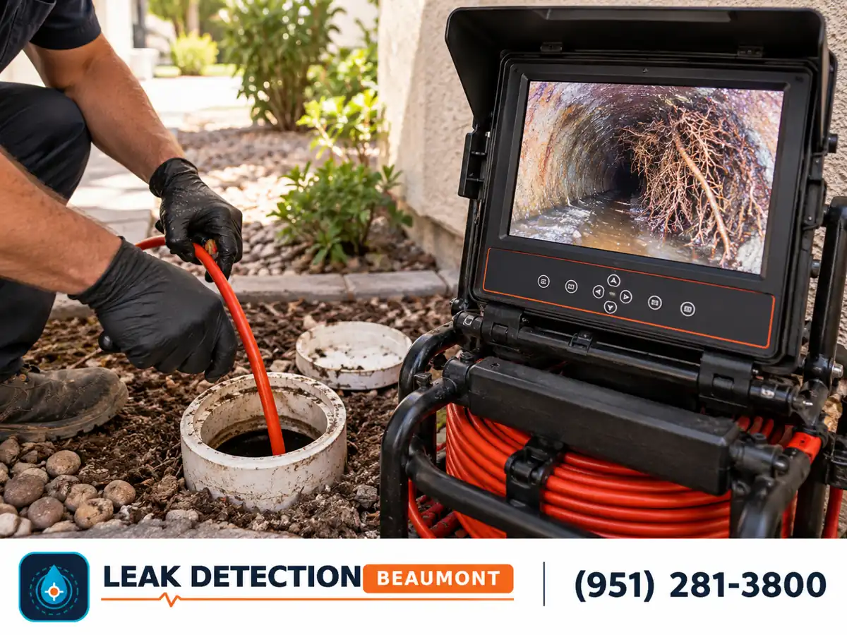 Inspection monitor showing roots inside a sewer pipe.
