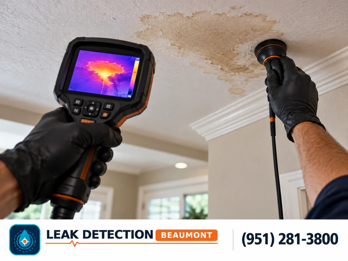 Technician checking a stained ceiling for moisture.