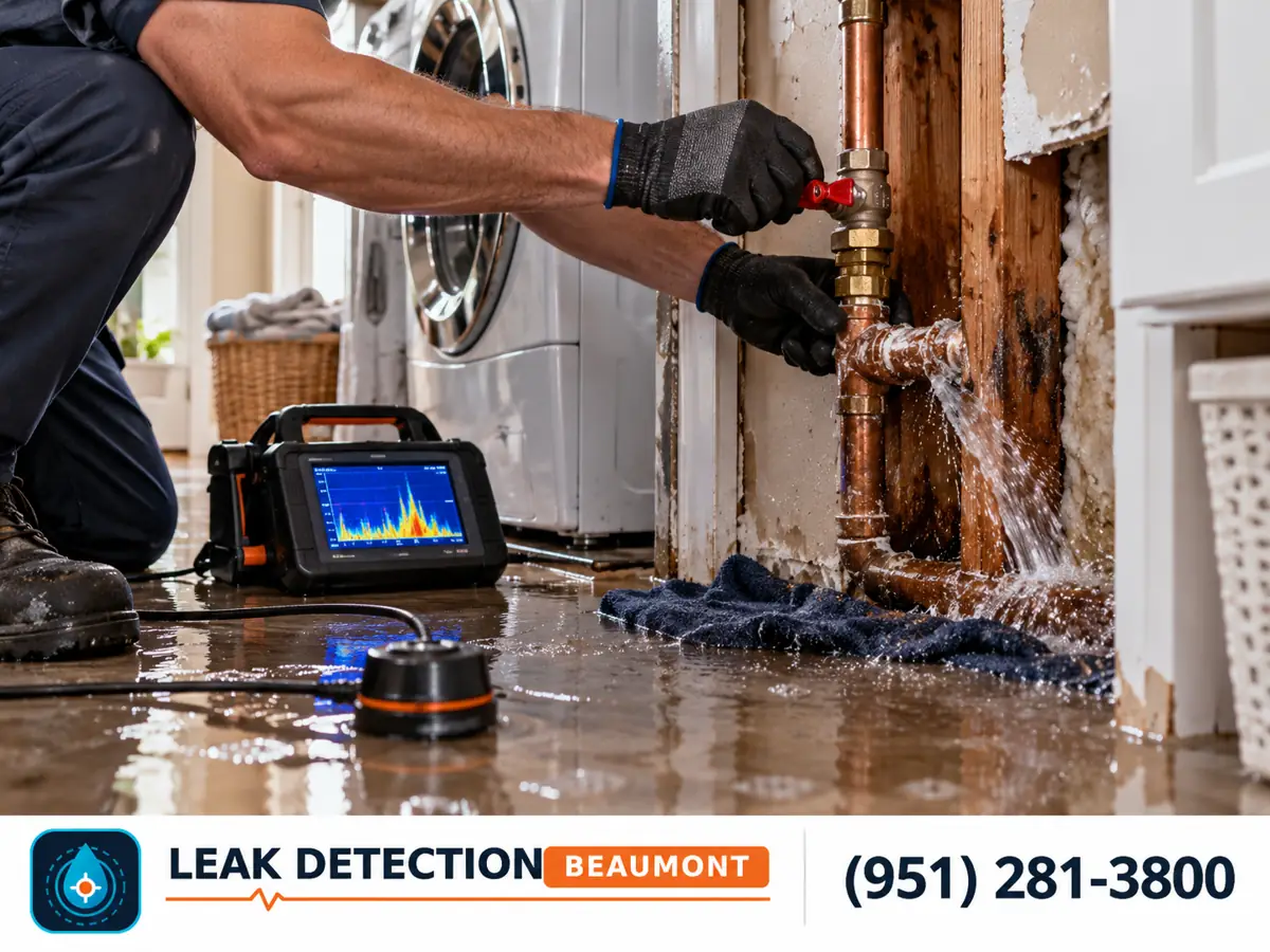 Technician isolating a leaking pipe in a wet laundry room.