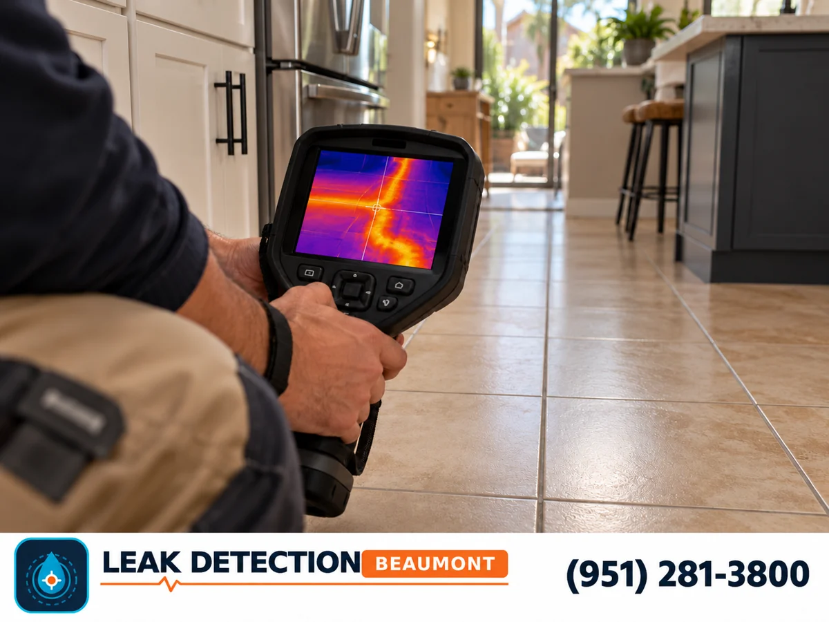 Thermal camera displaying a warm trail across a kitchen floor.