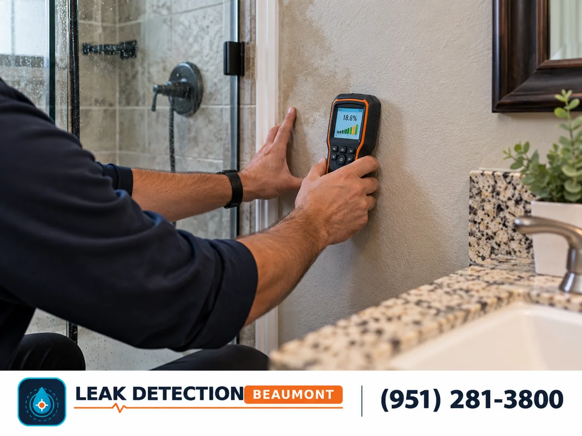 Technician checking a bathroom wall with a moisture meter.