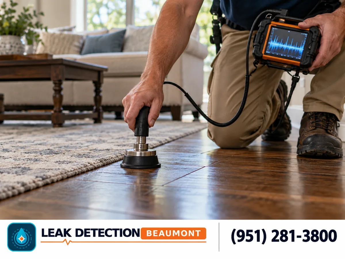 Technician listening for a water leak beneath a living room floor.